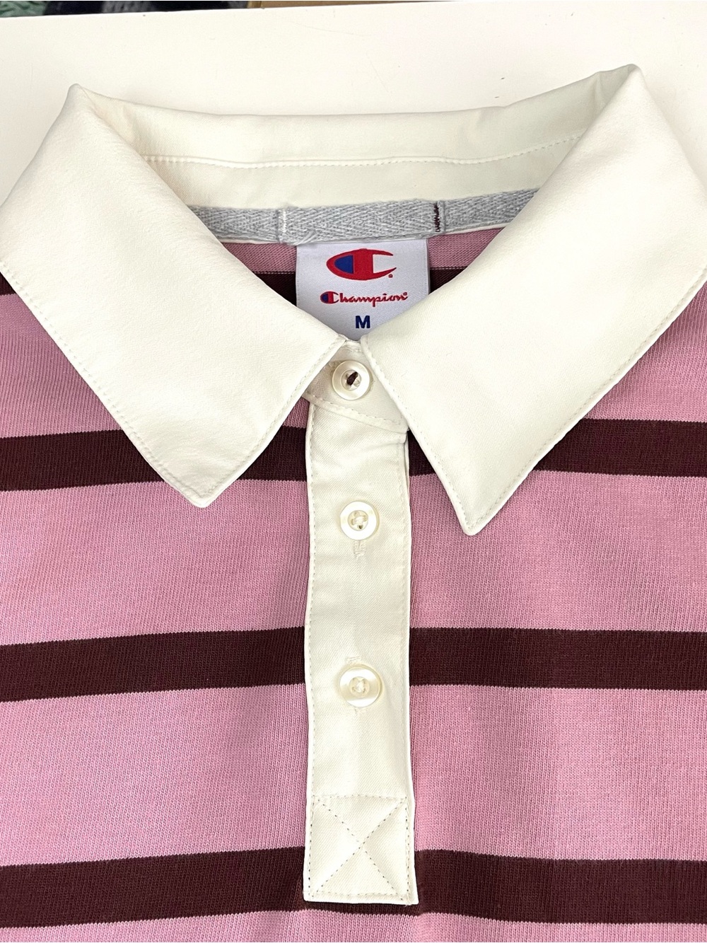 Champion Pink Burgundy Striped Cropped Rugby Shirt Pullover Preppy M - Picture 7 of 13